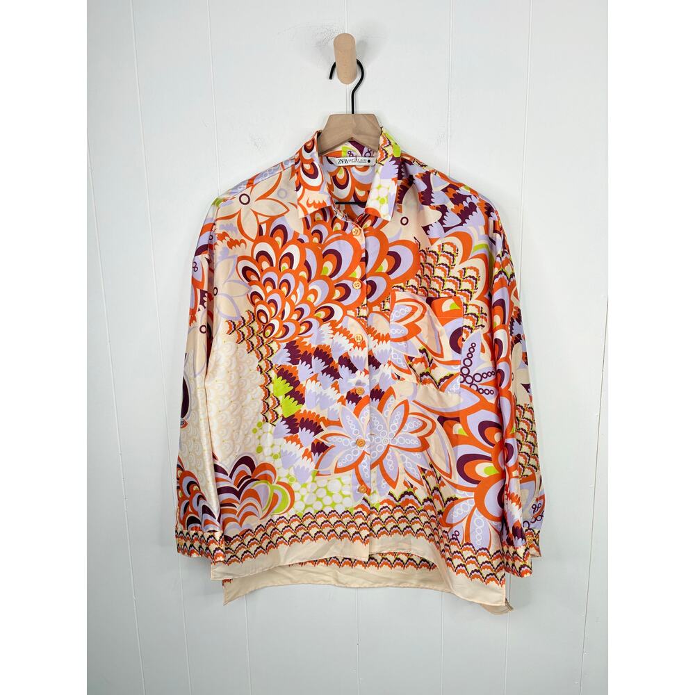 Zara Floral Paisley Button Down Shirt Small 70s Retro Hippie Bandana Print - Picture 2 of 9